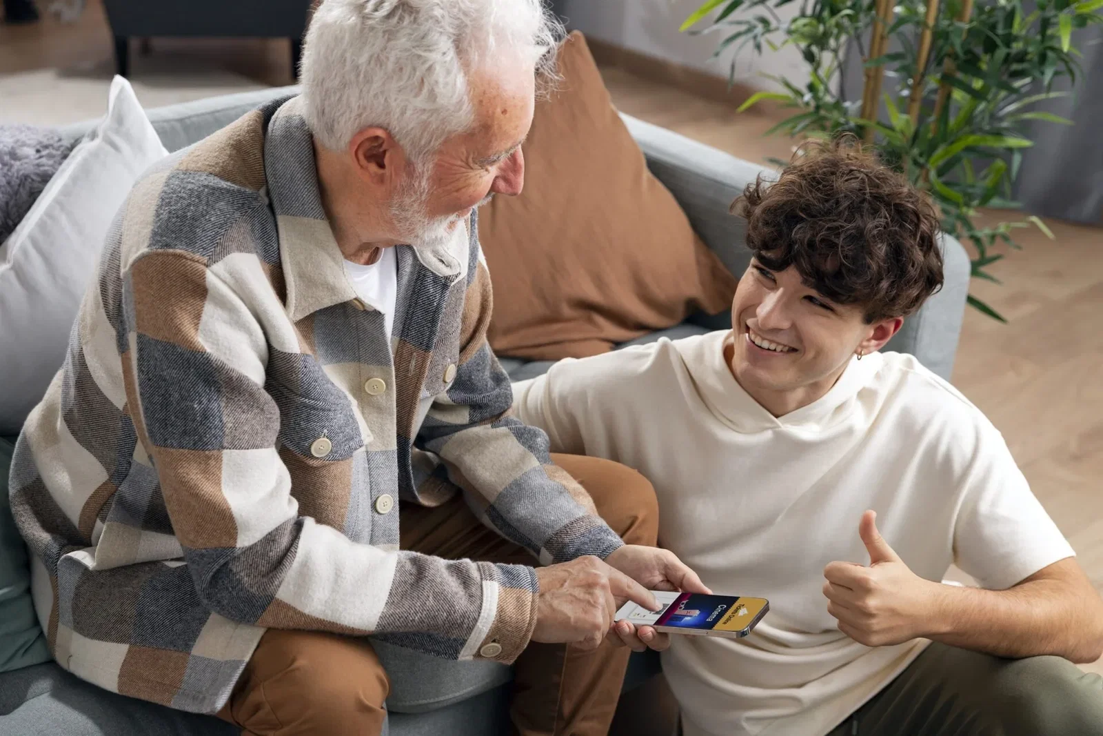 ucs horizontal medium shot smiley teen grandfather